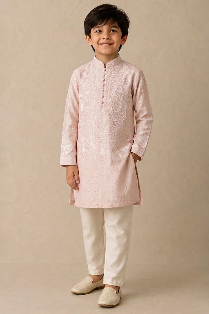 Rose Chanderi Thread & Pearl Work Kurta For Boys by Shasha Gaba Kids at Pernia's Pop Up Shop