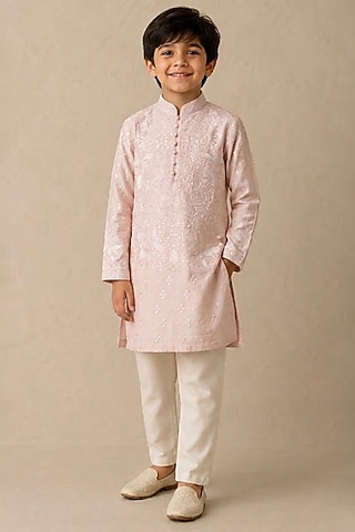 Rose Chanderi Thread & Pearl Work Kurta For Boys by Shasha Gaba Kids