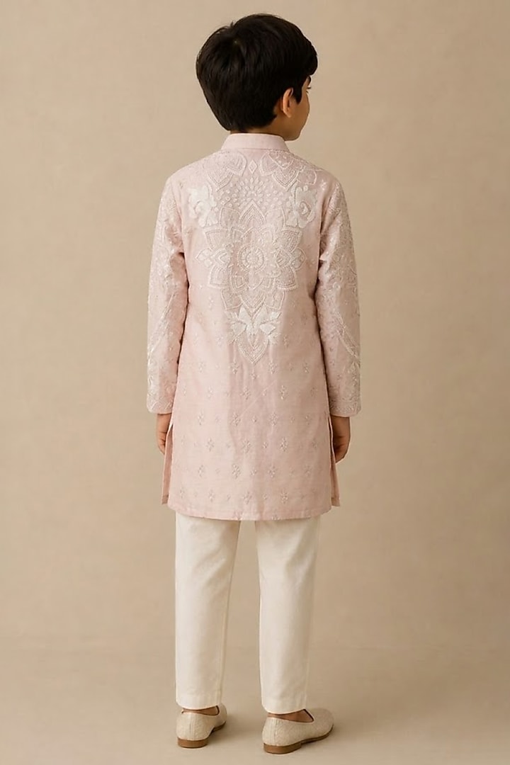 Rose Chanderi Thread & Pearl Work Kurta For Boys by Shasha Gaba Kids at Pernia's Pop Up Shop