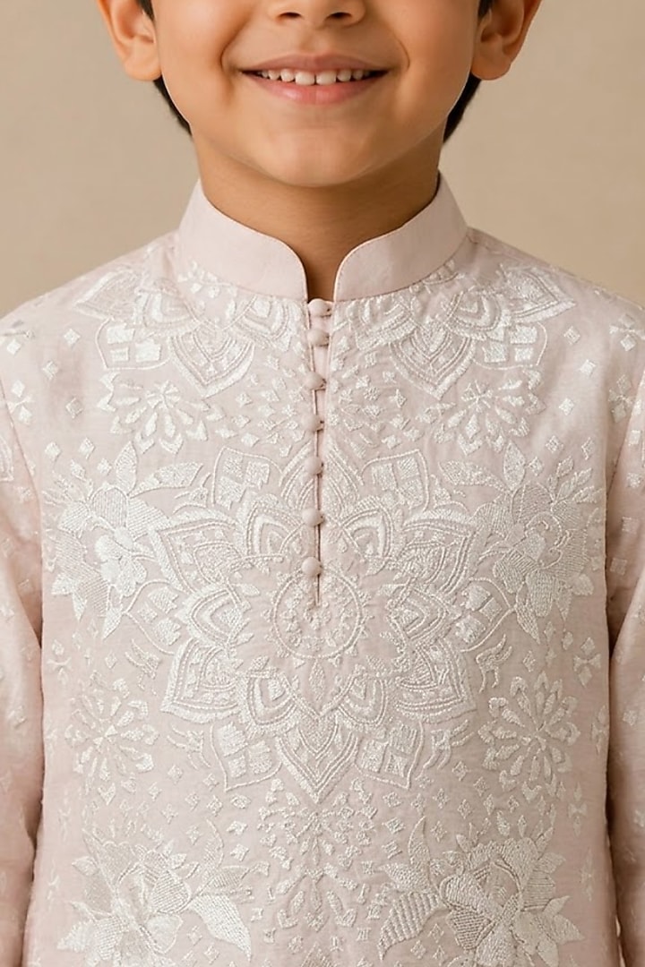 Rose Chanderi Thread & Pearl Work Kurta For Boys by Shasha Gaba Kids at Pernia's Pop Up Shop