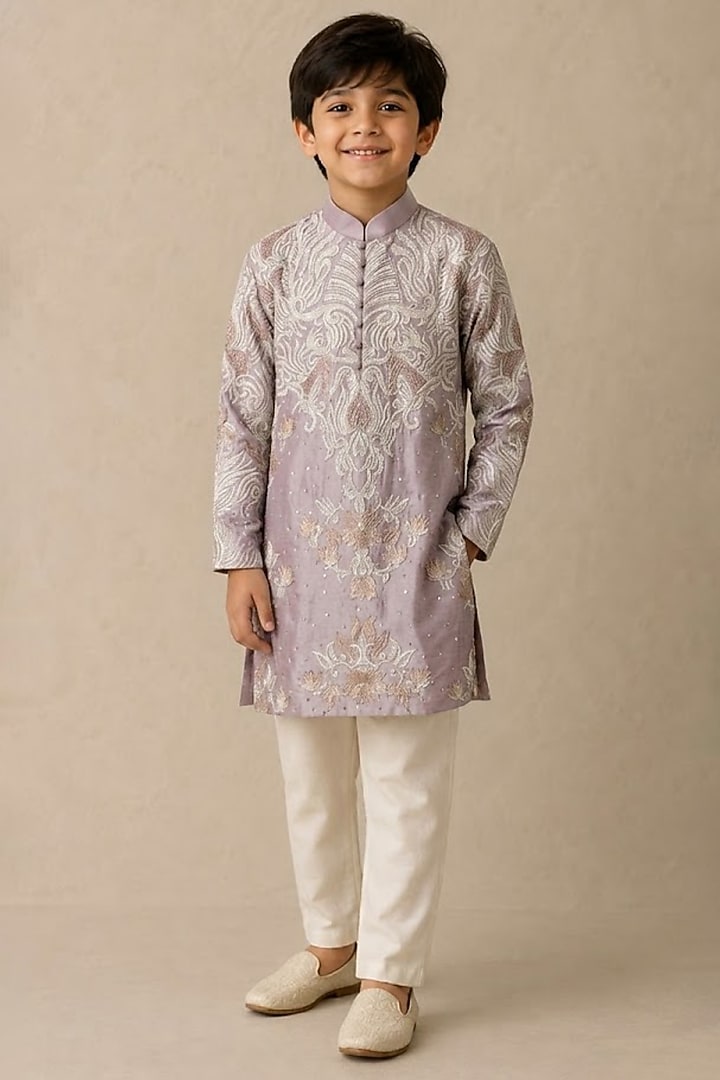 Lavender Chanderi Thread & Pearl Work Kurta For Boys by Shasha Gaba Kids at Pernia's Pop Up Shop