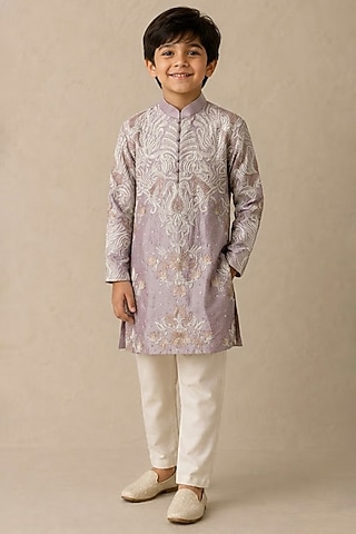 Lavender Chanderi Thread & Pearl Work Kurta For Boys by Shasha Gaba Kids