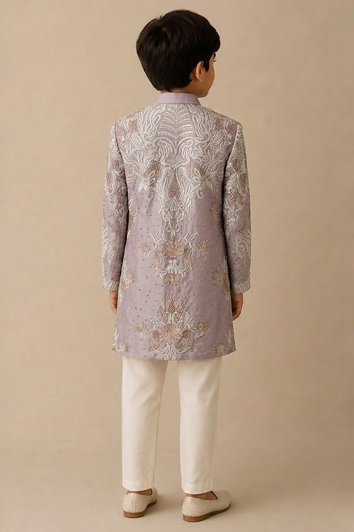 Lavender Chanderi Thread & Pearl Work Kurta For Boys by Shasha Gaba Kids at Pernia's Pop Up Shop