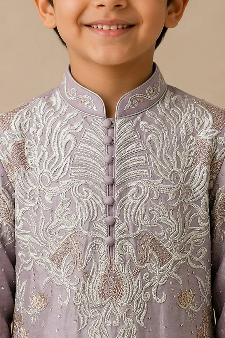 Lavender Chanderi Thread & Pearl Work Kurta For Boys by Shasha Gaba Kids at Pernia's Pop Up Shop