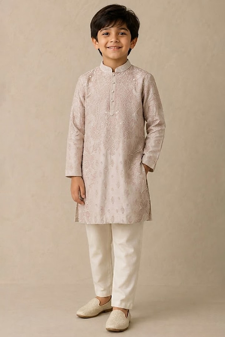 Rose Pink Chanderi Thread & Pearl Work Kurta For Boys by Shasha Gaba Kids at Pernia's Pop Up Shop