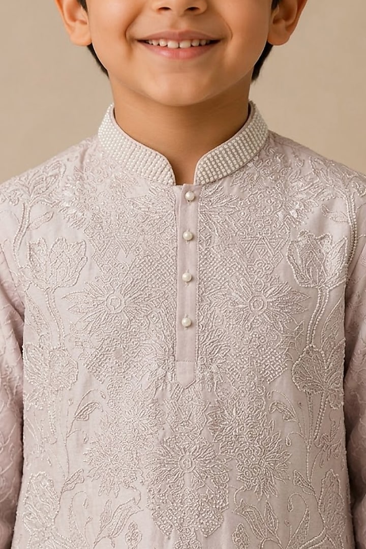 Rose Pink Chanderi Thread & Pearl Work Kurta For Boys by Shasha Gaba Kids at Pernia's Pop Up Shop