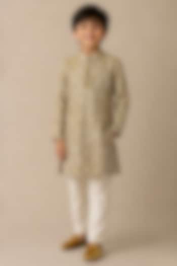 Golden Chanderi Thread & Pearl Work Kurta For Boys by Shasha Gaba Kids at Pernia's Pop Up Shop