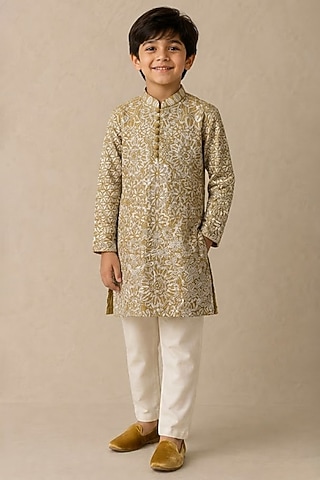 Golden Chanderi Thread & Pearl Work Kurta For Boys by Shasha Gaba Kids