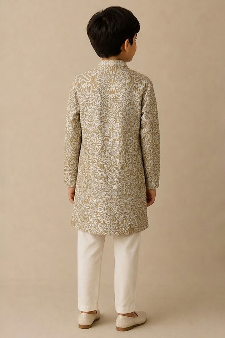Golden Chanderi Thread & Pearl Work Kurta For Boys by Shasha Gaba Kids at Pernia's Pop Up Shop
