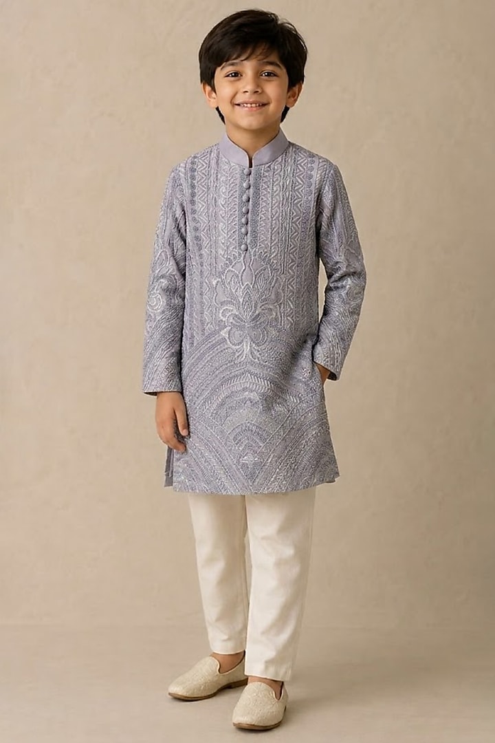 Blue Chanderi Thread & Pearl Work Kurta For Boys by Shasha Gaba Kids at Pernia's Pop Up Shop