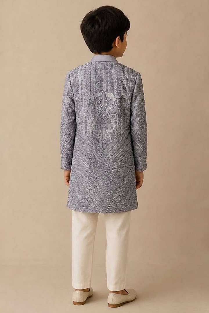 Blue Chanderi Thread & Pearl Work Kurta For Boys by Shasha Gaba Kids at Pernia's Pop Up Shop