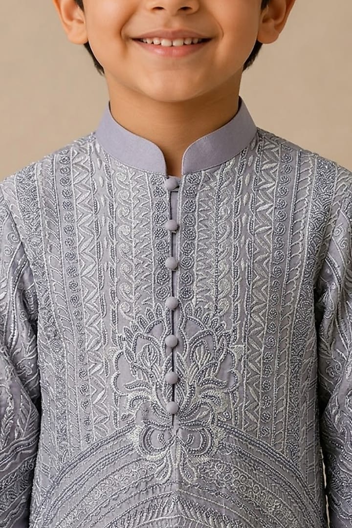 Blue Chanderi Thread & Pearl Work Kurta For Boys by Shasha Gaba Kids at Pernia's Pop Up Shop
