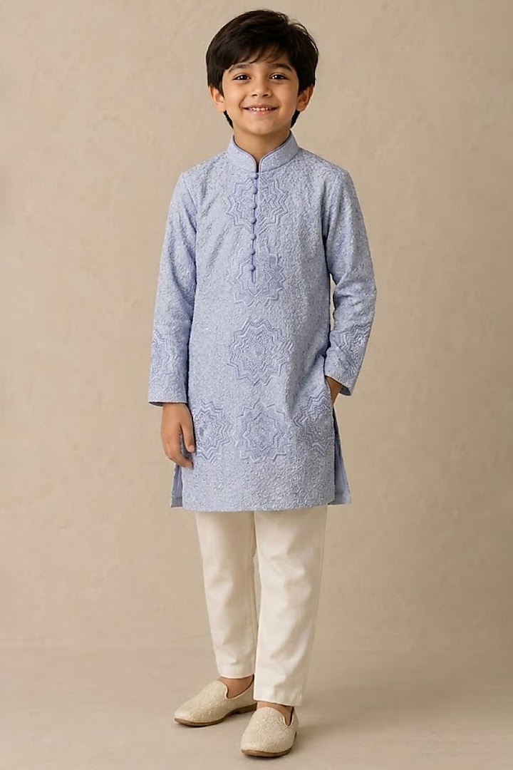 Blue Chanderi Thread & Pearl Work Kurta For Boys by Shasha Gaba Kids at Pernia's Pop Up Shop