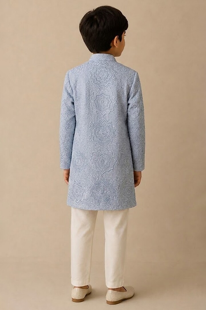 Blue Chanderi Thread & Pearl Work Kurta For Boys by Shasha Gaba Kids at Pernia's Pop Up Shop