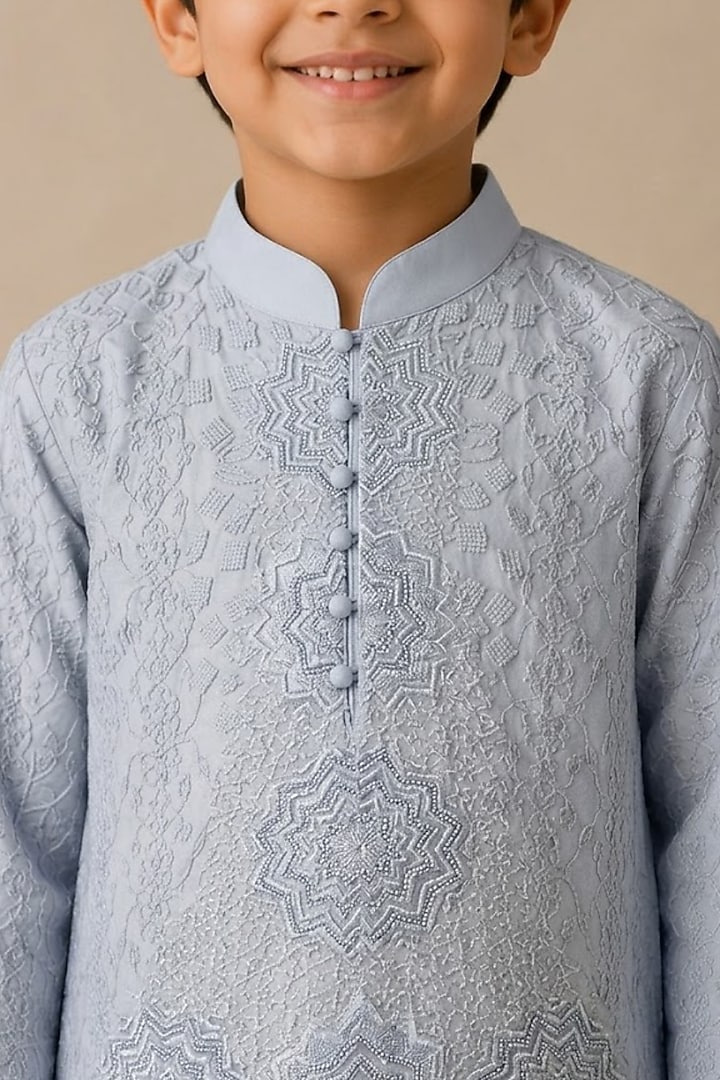 Blue Chanderi Thread & Pearl Work Kurta For Boys by Shasha Gaba Kids at Pernia's Pop Up Shop