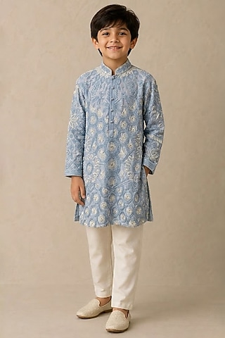Blue Chanderi Thread & Pearl Work Kurta For Boys by Shasha Gaba Kids