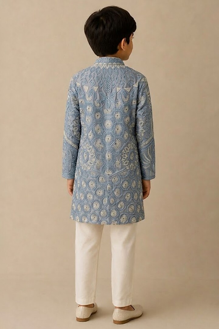 Blue Chanderi Thread & Pearl Work Kurta For Boys by Shasha Gaba Kids at Pernia's Pop Up Shop