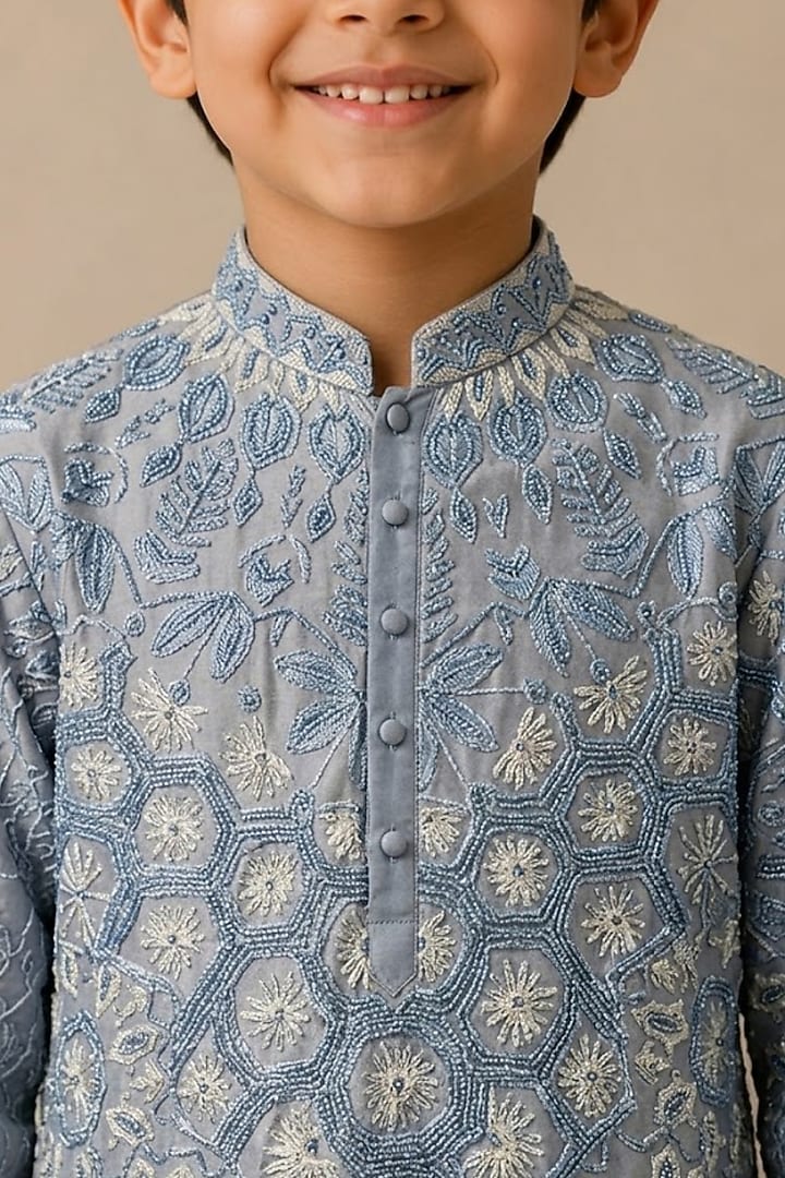 Blue Chanderi Thread & Pearl Work Kurta For Boys by Shasha Gaba Kids at Pernia's Pop Up Shop