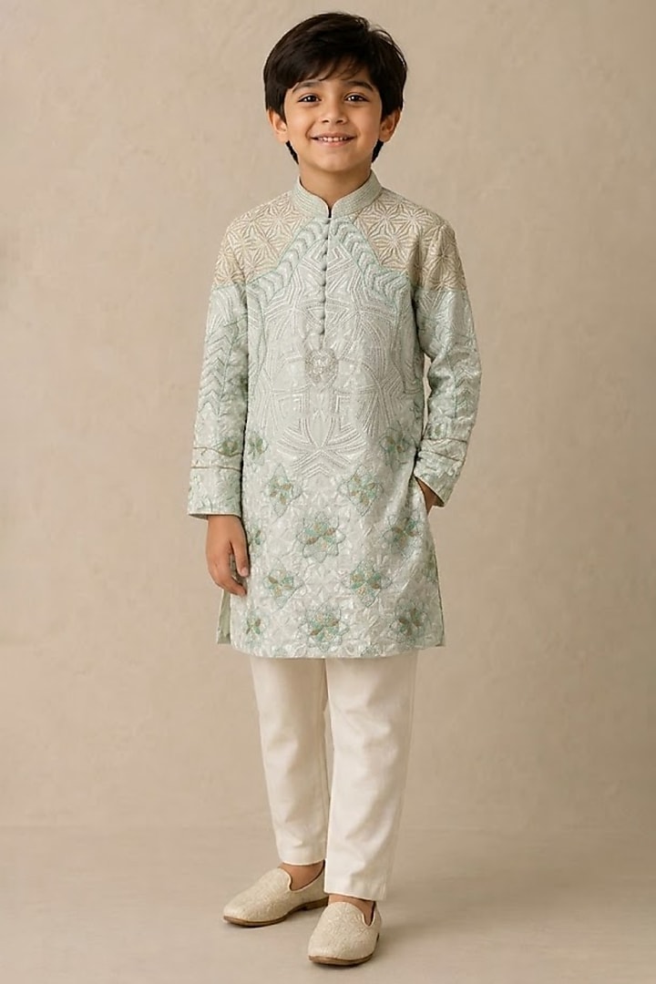 Green Chanderi Thread & Pearl Work Kurta For Boys by Shasha Gaba Kids at Pernia's Pop Up Shop
