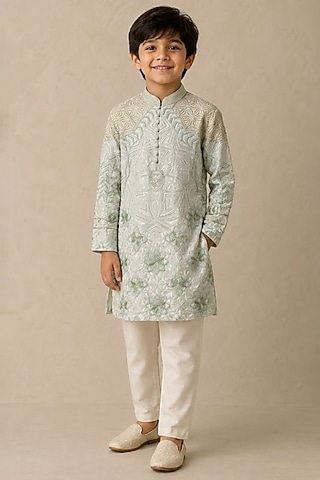 Green Chanderi Thread & Pearl Work Kurta For Boys by Shasha Gaba Kids
