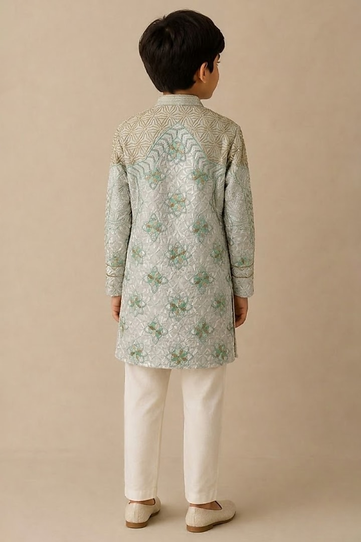 Green Chanderi Thread & Pearl Work Kurta For Boys by Shasha Gaba Kids at Pernia's Pop Up Shop