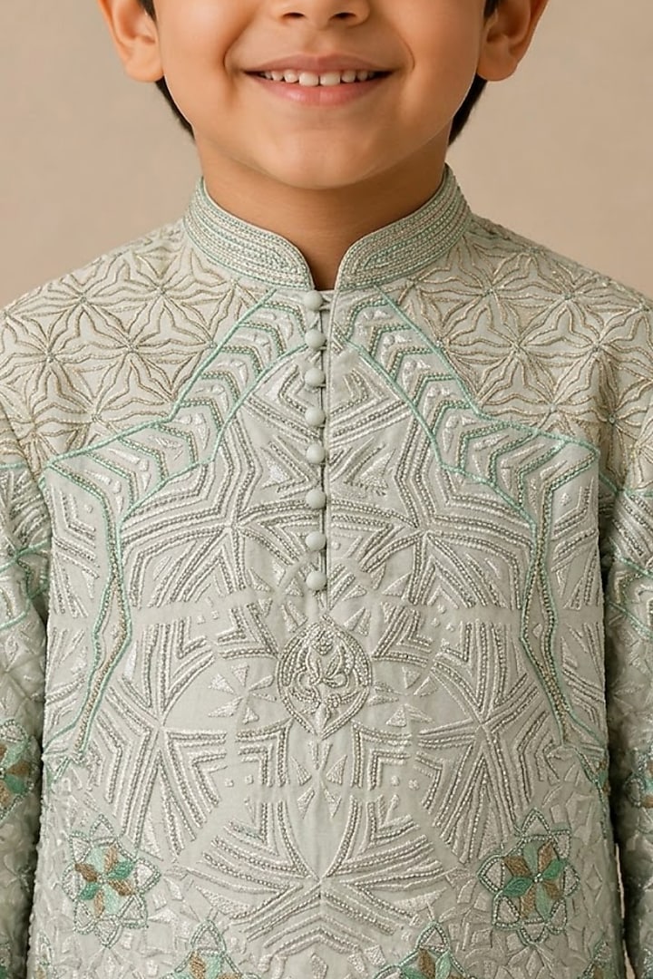 Green Chanderi Thread & Pearl Work Kurta For Boys by Shasha Gaba Kids at Pernia's Pop Up Shop