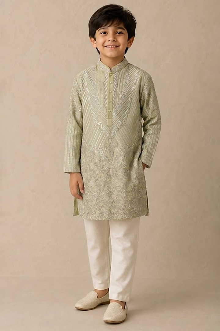 Yellow Chanderi Thread & Pearl Work Kurta For Boys by Shasha Gaba Kids at Pernia's Pop Up Shop