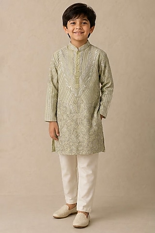 Yellow Chanderi Thread & Pearl Work Kurta For Boys by Shasha Gaba Kids