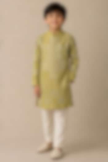 Olive Chanderi Thread & Pearl Work Kurta For Boys by Shasha Gaba Kids at Pernia's Pop Up Shop