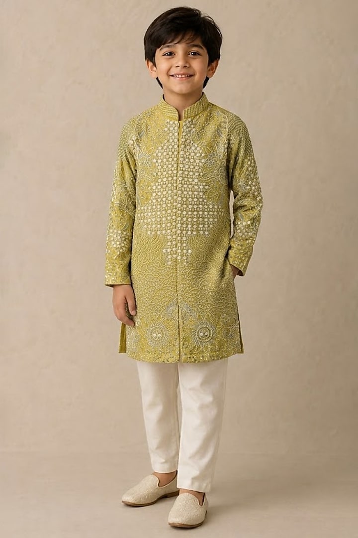 Olive Chanderi Thread & Pearl Work Kurta For Boys by Shasha Gaba Kids at Pernia's Pop Up Shop