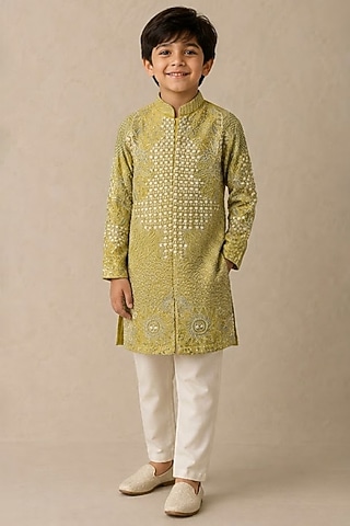 Olive Chanderi Thread & Pearl Work Kurta For Boys by Shasha Gaba Kids
