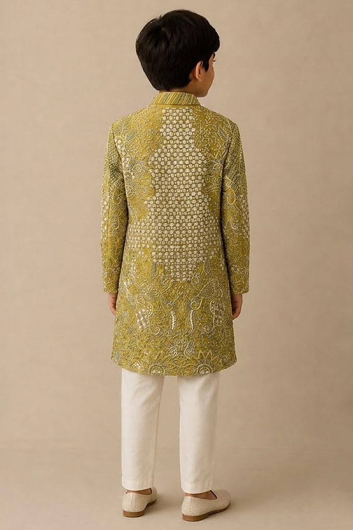 Olive Chanderi Thread & Pearl Work Kurta For Boys by Shasha Gaba Kids at Pernia's Pop Up Shop