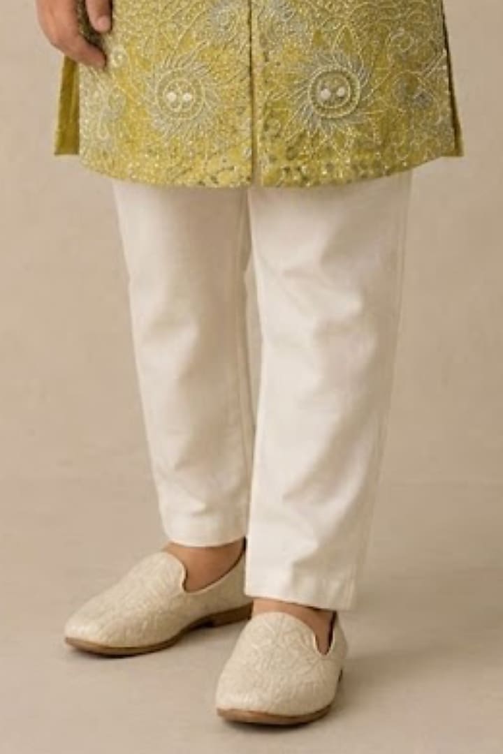 Olive Chanderi Thread & Pearl Work Kurta For Boys by Shasha Gaba Kids at Pernia's Pop Up Shop