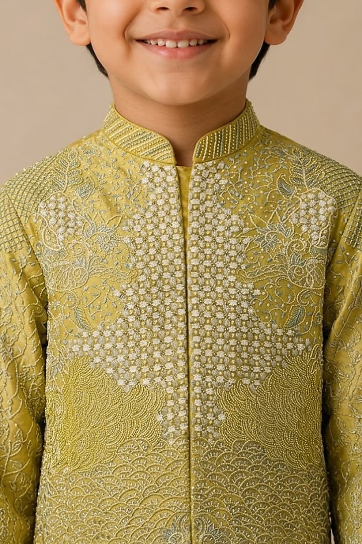 Olive Chanderi Thread & Pearl Work Kurta For Boys by Shasha Gaba Kids at Pernia's Pop Up Shop