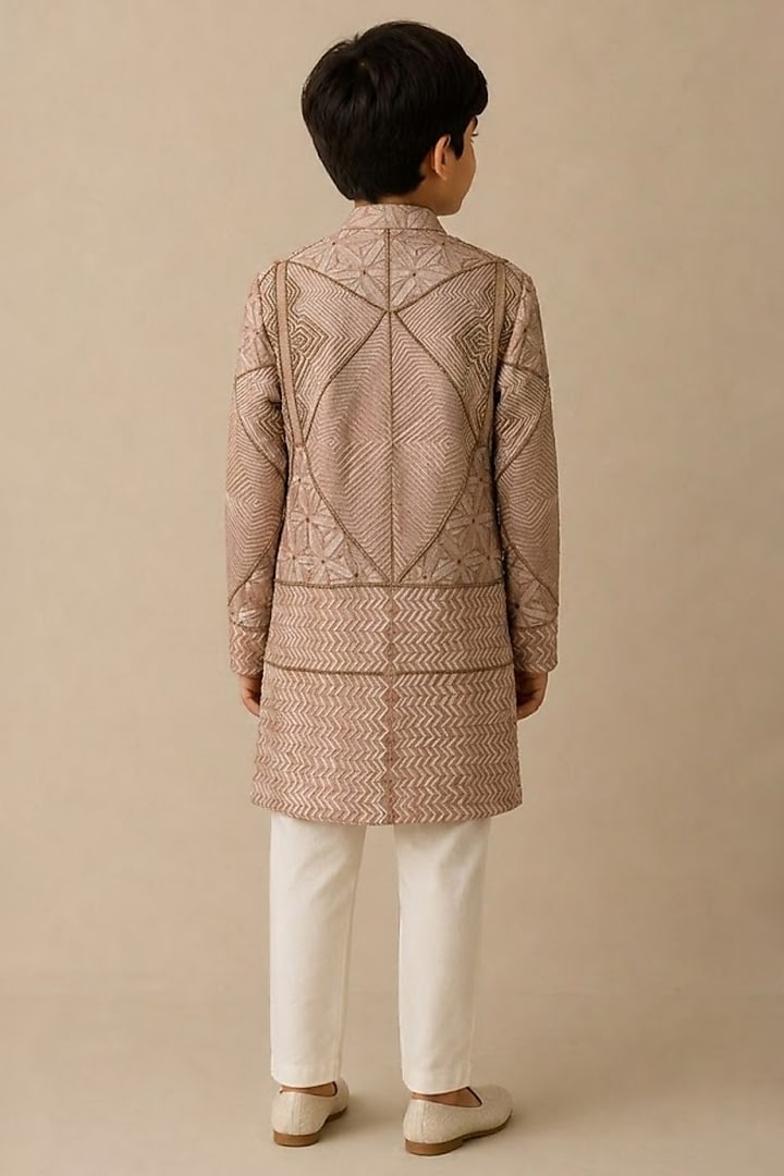 Rose Pink Chanderi Thread & Pearl Work Kurta For Boys by Shasha Gaba Kids at Pernia's Pop Up Shop