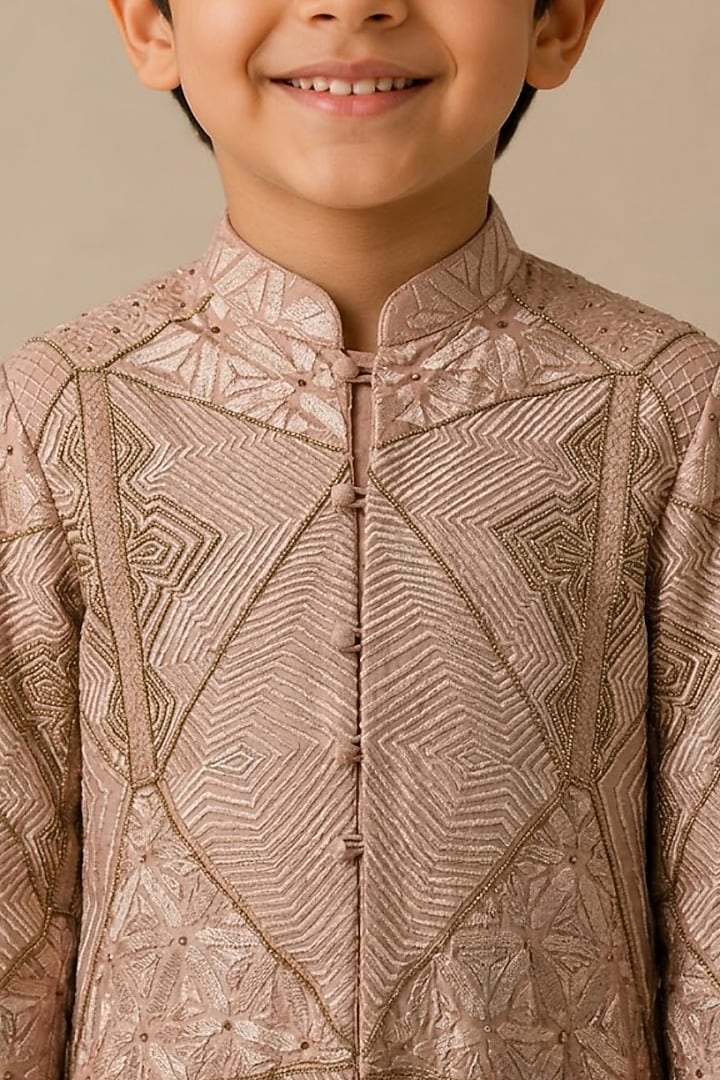 Rose Pink Chanderi Thread & Pearl Work Kurta For Boys by Shasha Gaba Kids at Pernia's Pop Up Shop