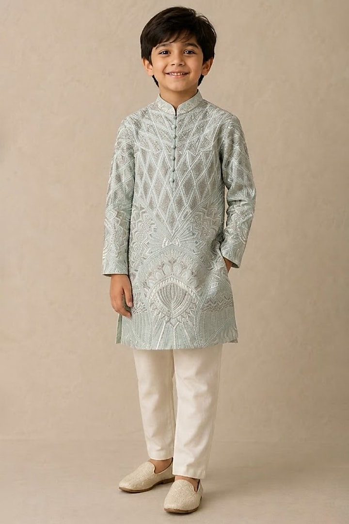 Mint Chanderi Thread & Pearl Work Kurta For Boys by Shasha Gaba Kids at Pernia's Pop Up Shop