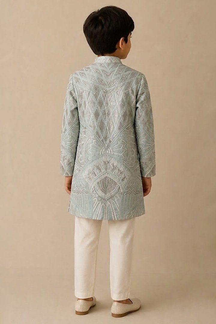 Mint Chanderi Thread & Pearl Work Kurta For Boys by Shasha Gaba Kids at Pernia's Pop Up Shop