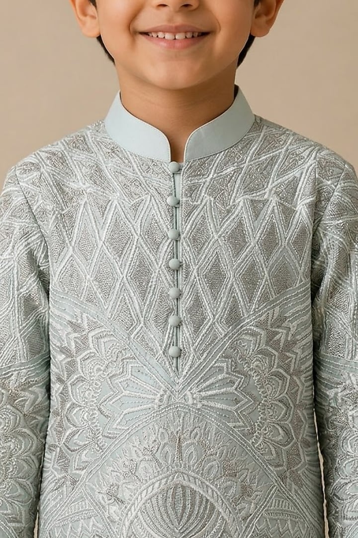 Mint Chanderi Thread & Pearl Work Kurta For Boys by Shasha Gaba Kids at Pernia's Pop Up Shop