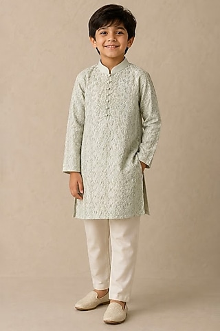 Green Chanderi Thread & Pearl Work Kurta For Boys by Shasha Gaba Kids