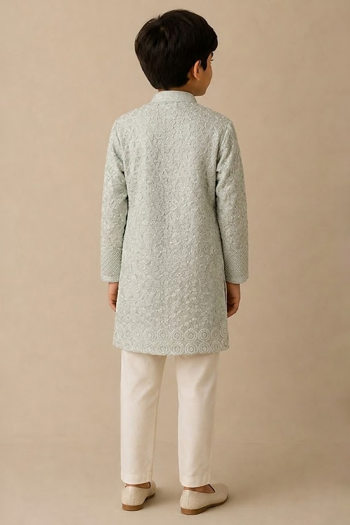 Green Chanderi Thread & Pearl Work Kurta For Boys by Shasha Gaba Kids at Pernia's Pop Up Shop