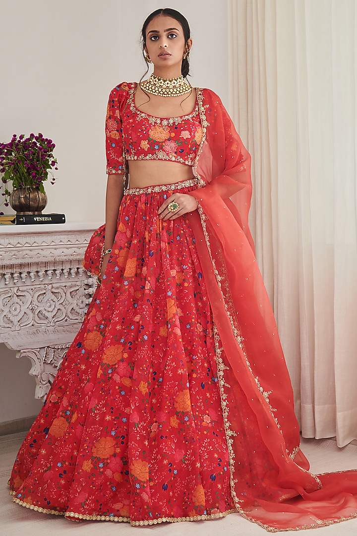 Red Chiffon Floral Printed & Embroidered Lehenga Set by Shasha Gaba at Pernia's Pop Up Shop