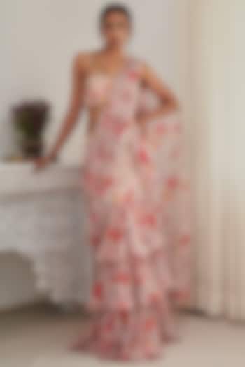 Champagne Chiffon Printed & Embellished Pre-stitched Wedding Saree Set by Shasha Gaba at Pernia's Pop Up Shop