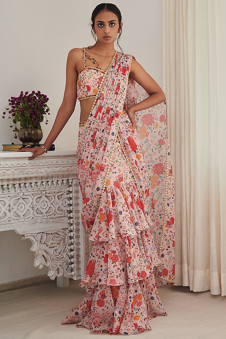 Champagne Chiffon Printed & Embellished Pre-stitched Wedding Saree Set by Shasha Gaba at Pernia's Pop Up Shop