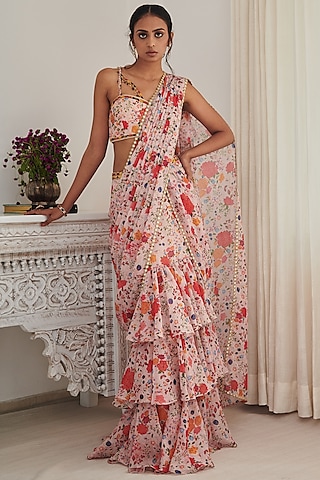Champagne Chiffon Printed & Embellished Pre-stitched Saree Set by Shasha Gaba