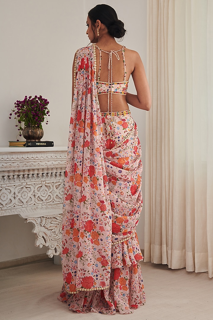 Champagne Chiffon Printed & Embellished Pre-stitched Wedding Saree Set by Shasha Gaba at Pernia's Pop Up Shop