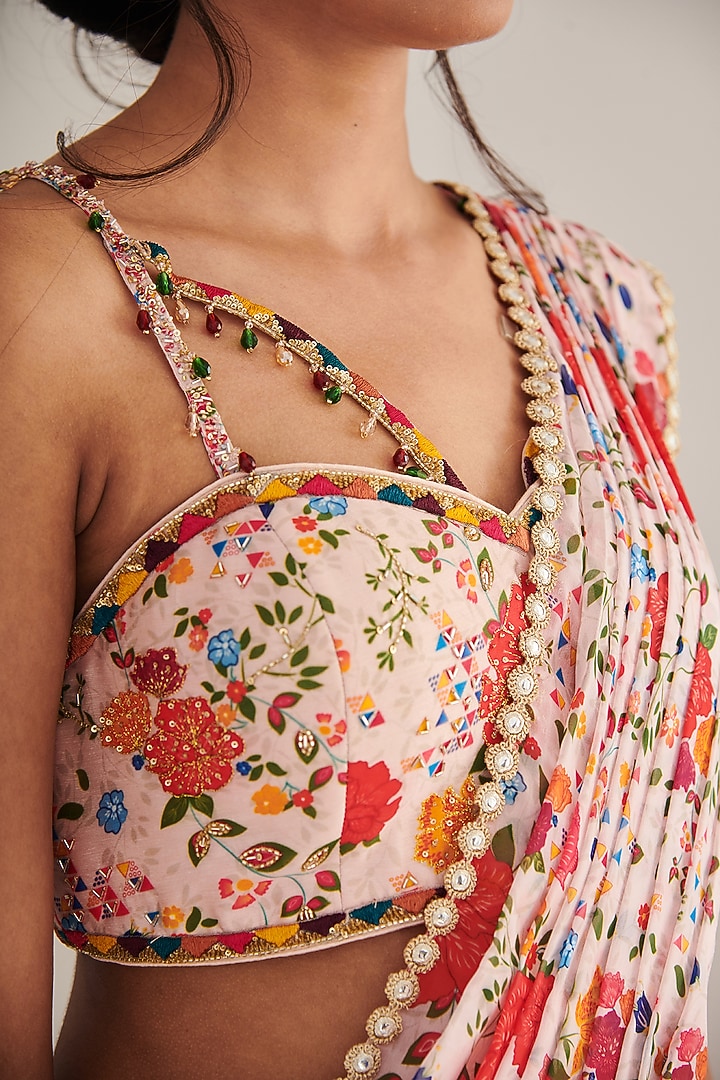 Champagne Chiffon Printed & Embellished Pre-stitched Wedding Saree Set by Shasha Gaba at Pernia's Pop Up Shop