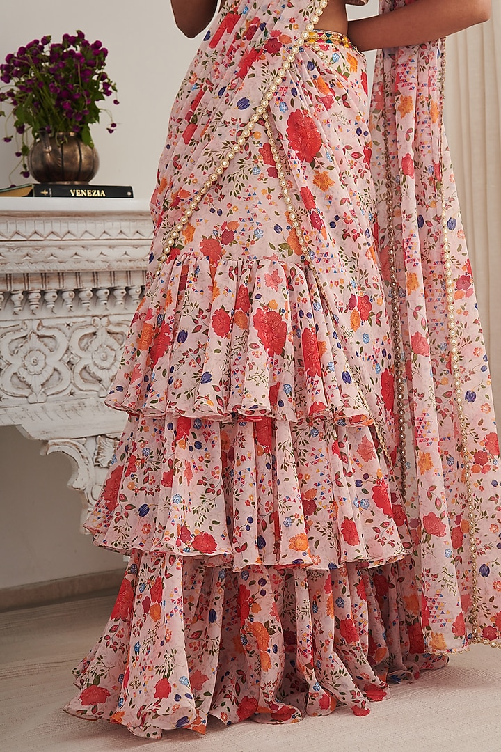 Champagne Chiffon Printed & Embellished Pre-stitched Wedding Saree Set by Shasha Gaba at Pernia's Pop Up Shop