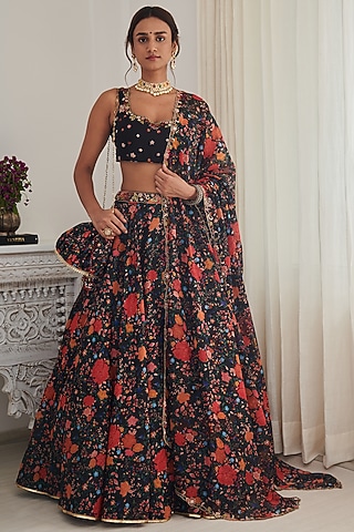 Black Chanderi Lehenga Set by Shasha Gaba