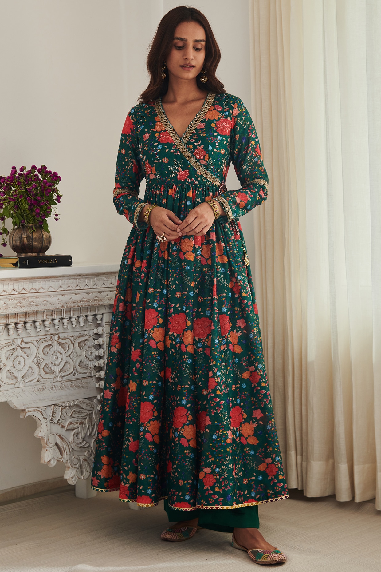 Buy Olive Green Georgette Thread Gathering Wear Long Anarkali Gown Online